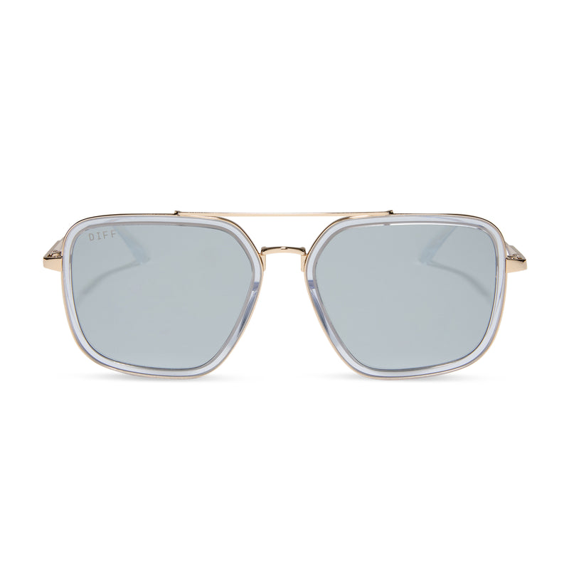 diff eyewear featuring the jordan navigator prescription sunglasses with a gold frame, clear crystal temple tips front view