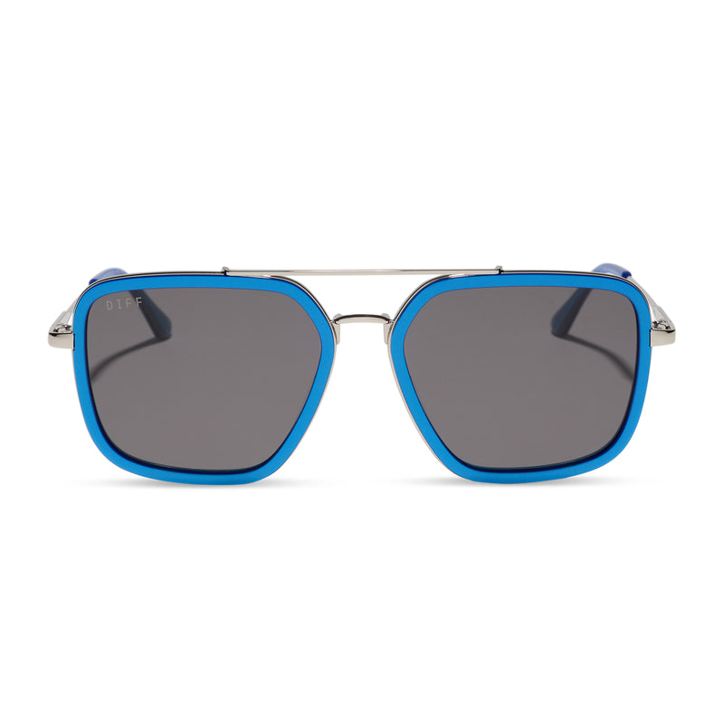 diff eyewear jordan navigator sunglasses with a luminous blue frame and grey lenses front view
