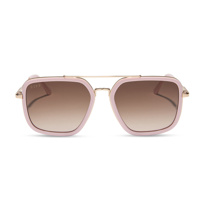 diff eyewear featuring the jordan navigator sunglasses with a powder pink with gold frame and brown gradient lenses front view