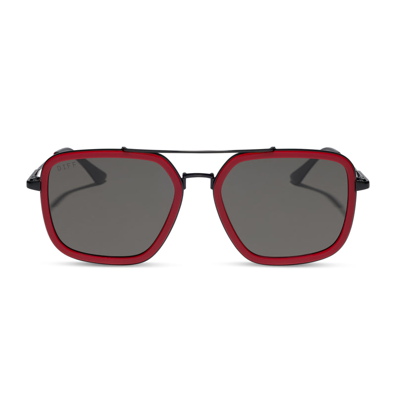diff eyewear jordan navigator sunglasses with a red, white and black metal frame with grey lenses front view