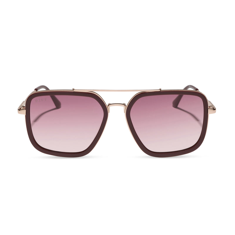 diff eyewear featuring the jordan navigator sunglasses with a rugby red and gold  metal frame with burgundy gradient lenses front view