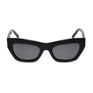 diff eyewear featuring the katarina cat eye sunglasses with a black acetate frame and grey polarized lenses front view