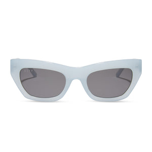 diff eyewear katarina cat eye sunglasses with a blue dust acetate frame and grey lenses front view