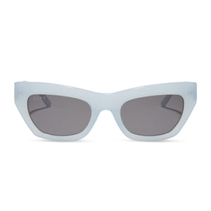 diff eyewear katarina cat eye sunglasses with a blue dust acetate frame and grey lenses front view