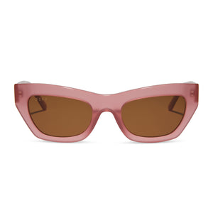diff eyewear featuring the katarina cat eye sunglasses with a guava pink frame and brown lenses front view