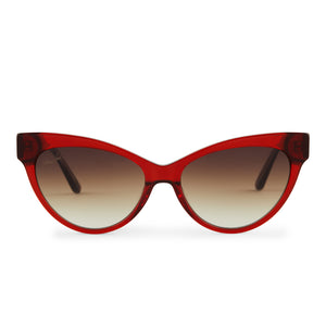 patricia nash x diff eyewear kelly cat eye sunglasses with a campari red crystal frame and dark brown gradient lenses front view