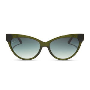 patricia nash x diff eyewear featuring the kelly cateye sunglasses with a deep olive crystal frame and g15 gradient lenses front view