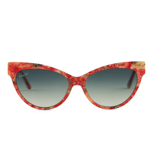 patricia nash x diff eyewear featuring the kelly cat eye sunglasses with a floral oil painting frame and olive gradient lenses front view