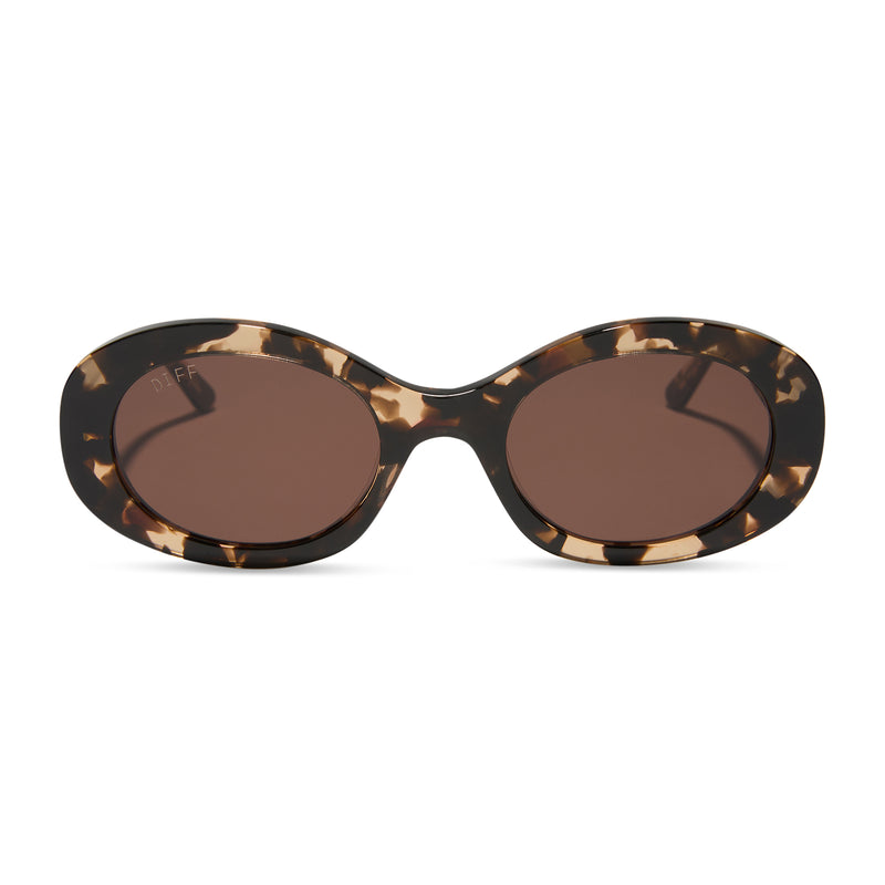 diff eyewear featuring the lainey oval sunglasses with a espresso tortoise frame and brown lenses front view