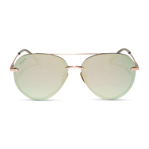 diff eyewear featuring the lenox aviator sunglasses with a brushed champagne frame and cool matcha green mirror polarized lenses front view
