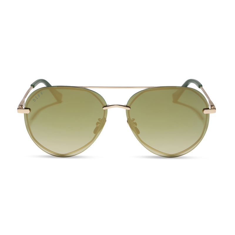diff eyewear featuring the lenox aviator sunglasses with a gold metal frame and aloe green gradient w/ light gold flash polarized lenses front view