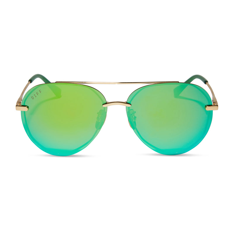 diff eyewear lenox aviator sunglasses with a gold metal frame, green temple tips and  green mirror polarized lenses front view