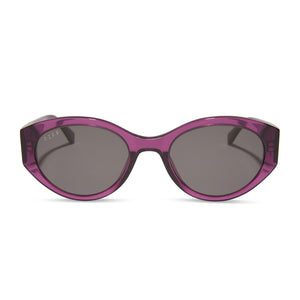 diff eyewear featuring the linnea oval sunglasses with a posh purple crystal frame and grey lenses front view