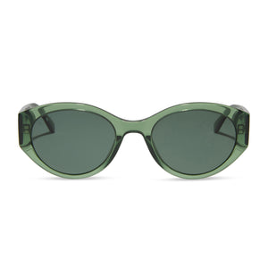 diff eyewear featuring the linnea oval sunglasses with a sage green crystal frame and g15 polarized lenses front view