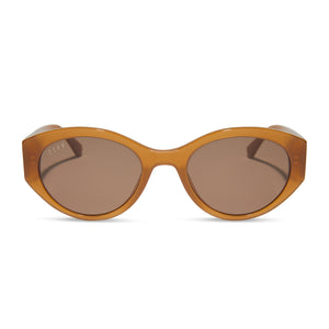 diff eyewear featuring the linnea oval sunglasses with a salted caramel frame and brown lenses front view
