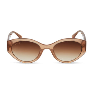 diff eyewear featuring the linnea oval sunglasses with a warm taupe acetate frame and brown gradient lenses front view