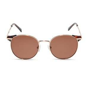 diff eyewear logan round sunglasses with a gold frame and brown lenses front view