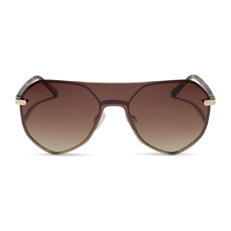 diff eyewear lonnie oversized aviator sunglasses with a gold metal frame and brown gradient polarized lenses front view