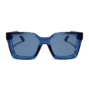 diff eyewear x madi nelson the navy square sunglasses with a navy blue transparent frame and navy blue polarized lenses front view