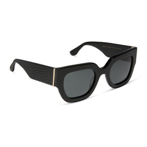 iconica diff eyewear maren square oversized sunglasses with a black acetate frame and grey polarized lenses angled view