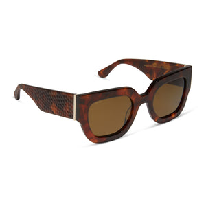 iconica diff eyewear maren square oversized sunglasses with a salted caramel tortoise brown acetate frame and brown polarized lenses angled view