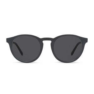 diff eyewear sawyer round sunglasses with a matte black frame and grey lenses front view
