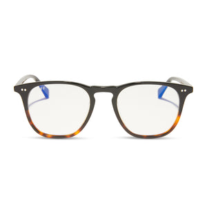 diff eyewear maxwell square eye glasses with a black tortoise acetate frame and blue light technology lenses front view
