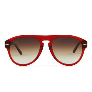 patricia nash x diff eyewear mcqueen aviator sunglasses with a campari red crystal frame and dark brown gradient lenses front view