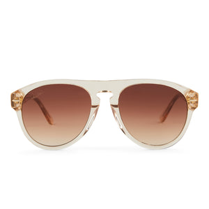patricia nash x diff eyewear mcqueen aviator sunglasses with a sand crystal frame and brown gradient lenses front view