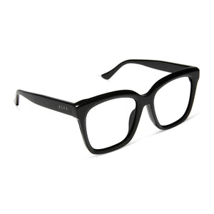 diff eyewear meredith square prescription glasses with a black acetate frame and grey lenses angled view