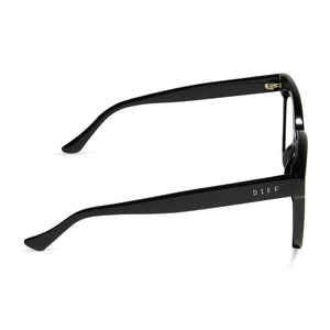 diff eyewear meredith square prescription glasses with a black acetate frame and grey lenses side view