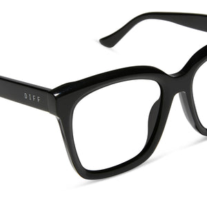 diff eyewear meredith square prescription glasses with a black acetate frame and grey lenses detailed view