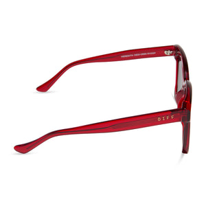 diff eyewear featuring the meredith square sunglasses with a red hot summer frame and grey gradient polarized lenses side view
