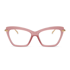 diff eyewear mila cat eye prescriptionglasses with a guava acetate frame and gold temples front view