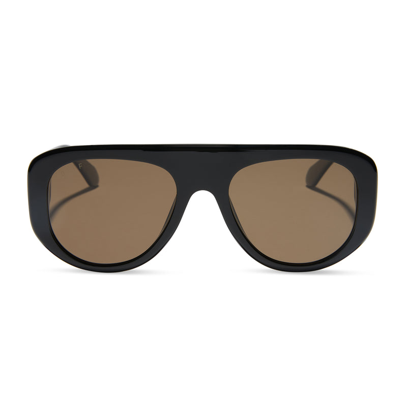 diff eyewear featuring the morgan shield sunglasses with a black frame and brown polarized lenses front view