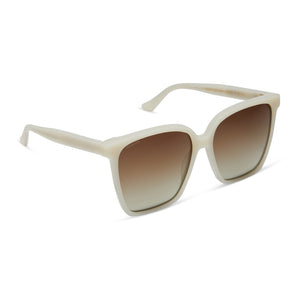 iconica diff eyewear naomi square oversized sunglasses with a meringue cream colored acetate frame and brown gradient polarized lenses angled view