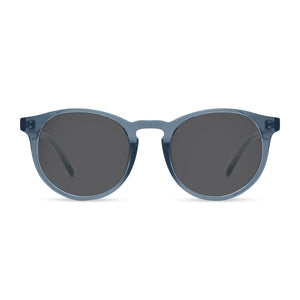 diff eyewear sawyer round sunglasses with a night sky blue frame and grey lenses front view