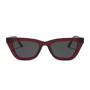 diff eyewear noelle cat eye sunglasses with a burgundy crystal frame and grey lenses front view