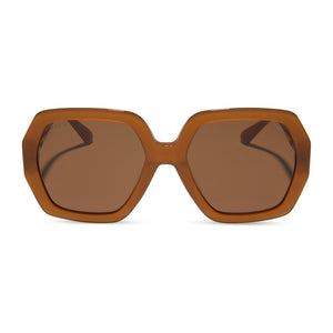 diff eyewear featuring the nola hexagon sunglasses with a salted caramel frame and brown polarized lenses front view