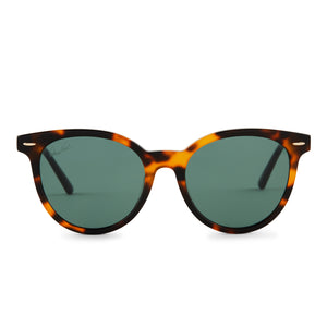 patricia nash x diff eyewear blondie round sunglasses with a tortoise acetate frame and g15 green lenses front view