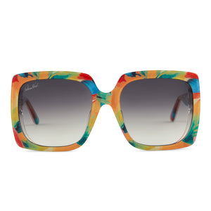 patricia nash x diff eyewear featuring the jackie square sunglasses with a watercolor rainbow frame and grey gradient lenses front view