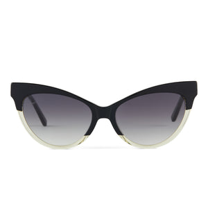 patricia nash x diff eyewear monroe cat eye sunglasses with a black champagne frame and grey gradient lenses front view