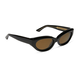iconica diff eyewear petra cat eye sunglasses with a black acetate frame and brown polarized lenses angled view