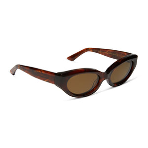 iconica diff eyewear petra cat eye sunglasses with a salted caramel tortoise acetate frame and brown polarized lenses angled view
