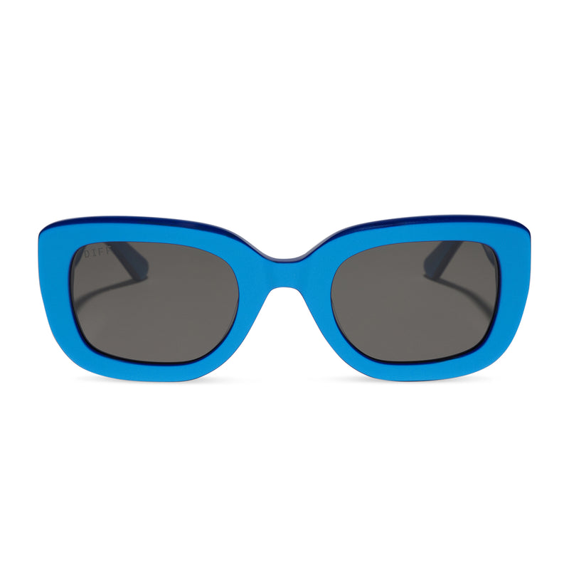diff eyewear romy square sunglasses with a luminous blue acetate frame and grey lenses front view