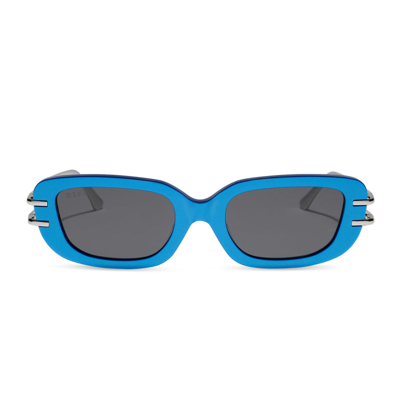 diff eyewear sabine square sunglasses with a luminous blue frame and grey lenses front view