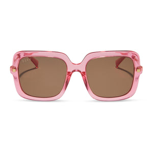 diff eyewear sandra square oversized sunglasses with a candy pink crystal acetate frame and brown lenses front view