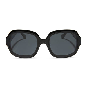 diff eyewear featuring the seraphina round sunglasses with a black frame and grey polarized lenses front view