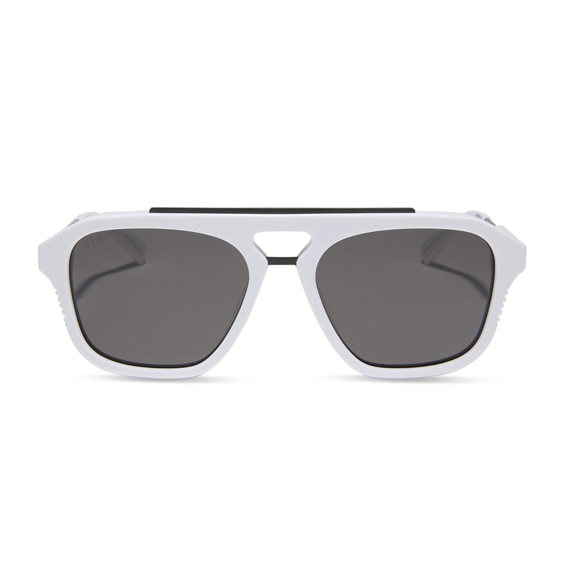star wars x diff eyewear featuring the stormtrooper 3.0 navigator sunglasses with a white acetate frame and grey polarized lenses front view