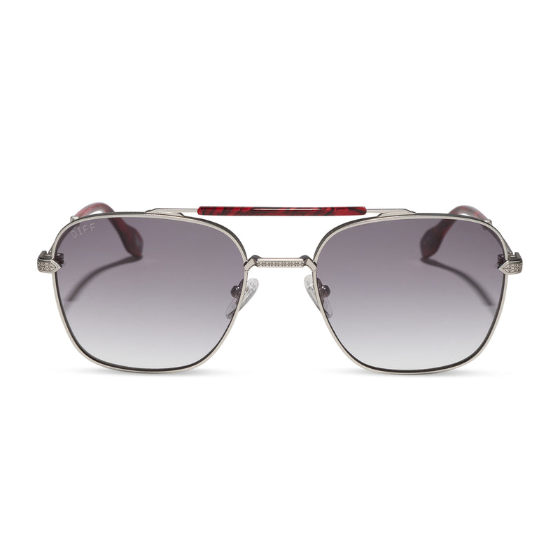 diff eyewear x stephen wilson jr. i'm a song navigator sunglasses with a matte silver metal frame and grey gradient lenses front view